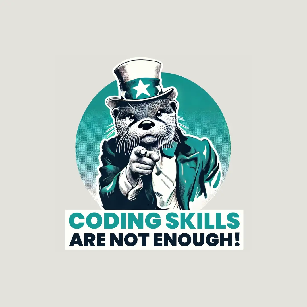 Motivational image showing a character in Uncle Sam style pointing at the viewer, emphasizing the importance of soft skills in tech