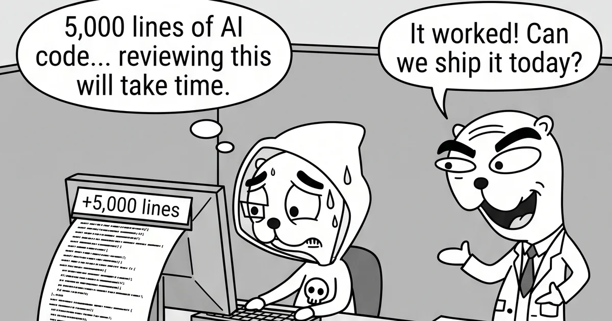 Cartoon of a sweating engineer facing a screen showing +5,000 lines, thinking '5,000 lines of AI code... reviewing this will take time', while his boss asks 'It worked! Can we ship it today?'