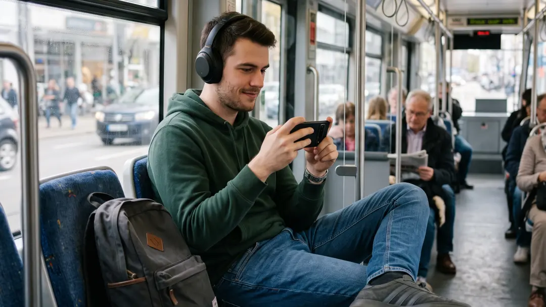 Engineer watching an Utterskills microlearning lesson on his phone during his commute