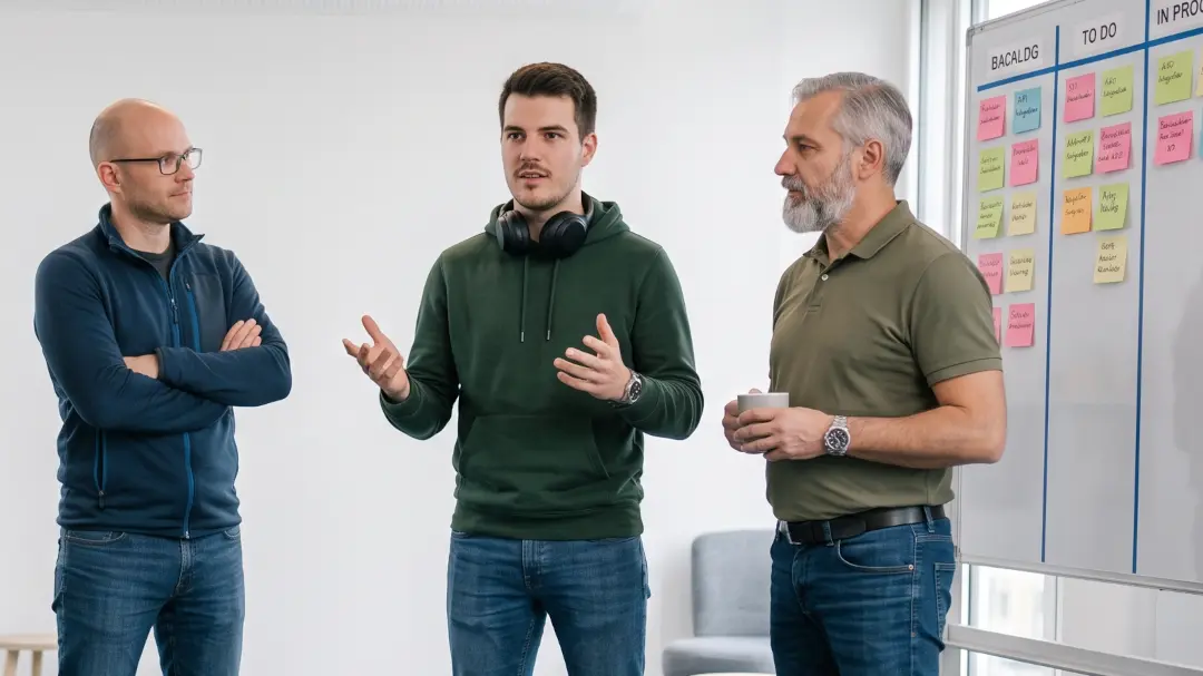 Engineer applying what he learned in a conversation with colleagues at work