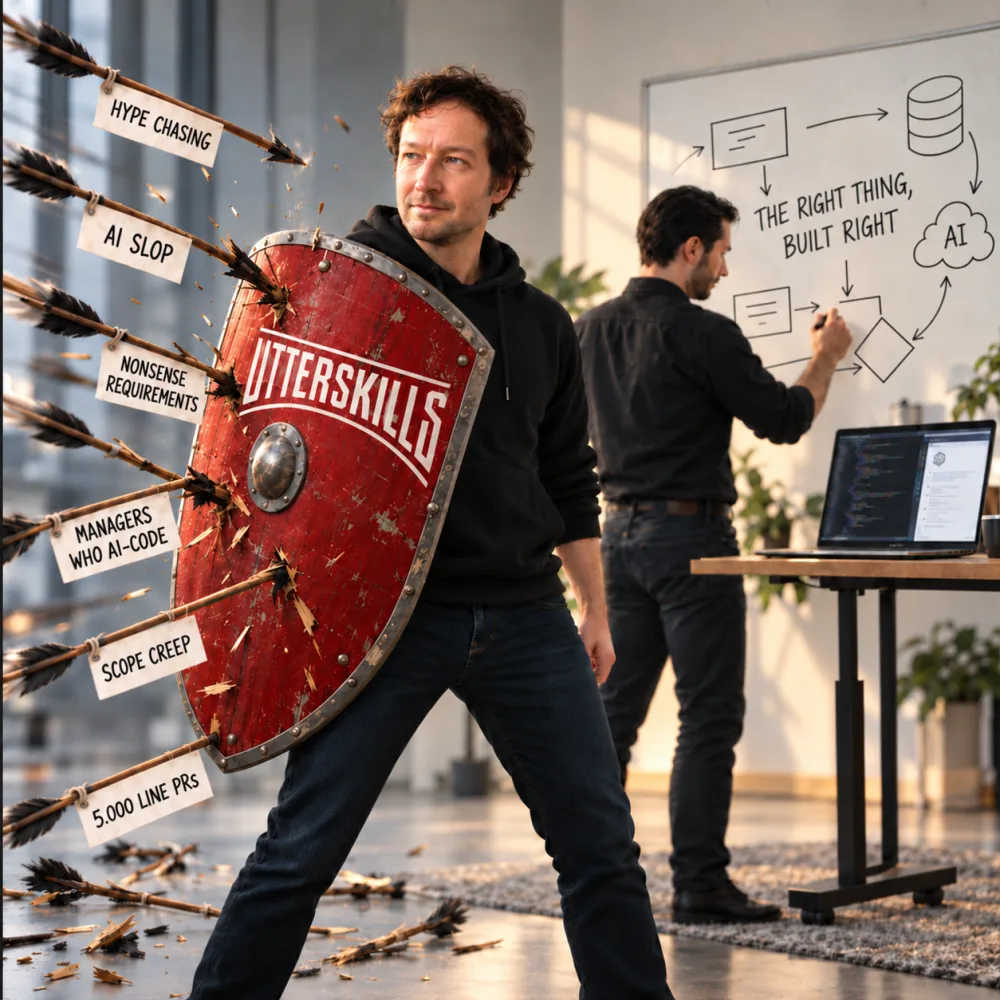 An engineer holds an Utterskills shield that blocks arrows labeled hype chasing, AI slop, nonsense requirements, managers who AI-code, scope creep and 5,000 line PRs, while a colleague sketches the right thing, built right on a whiteboard.